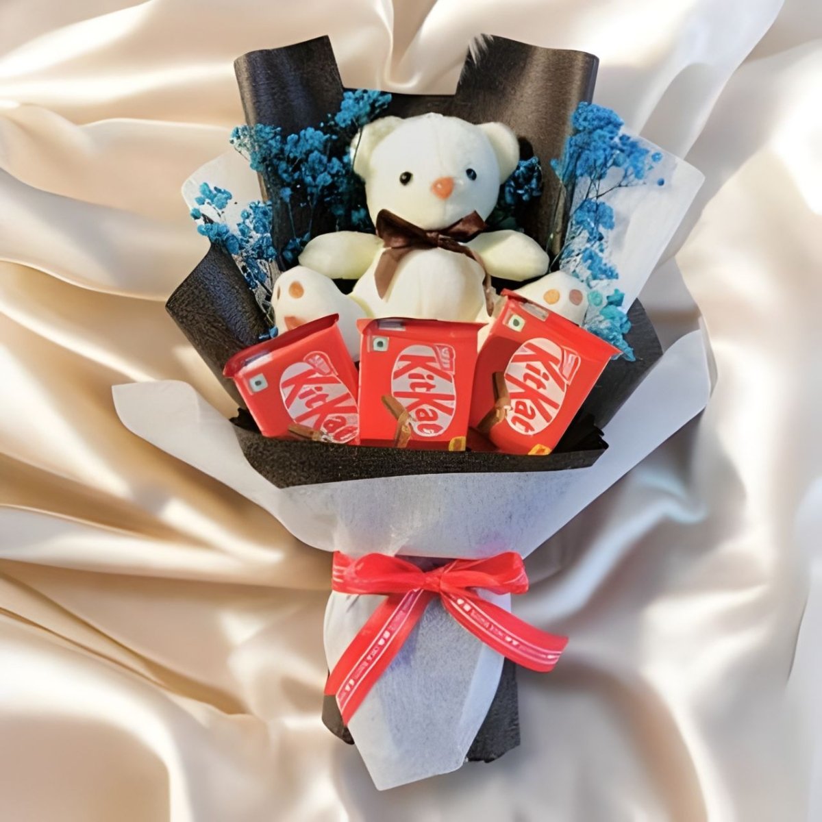 Charming Teddy, KitKat with Blue Gypsy Bouquet - Flowers to Nepal - FTN