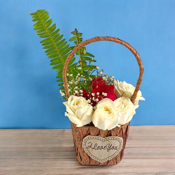 Charming White and Red Roses Basket - Flowers to Nepal - FTN