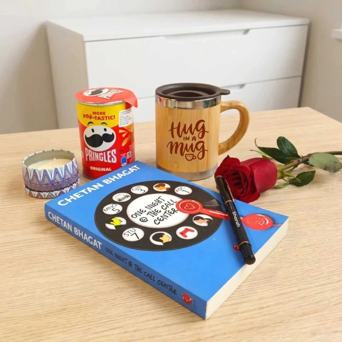 Chetan Bhagat Novel Gift Set with Rose & Candle - Flowers to Nepal - FTN