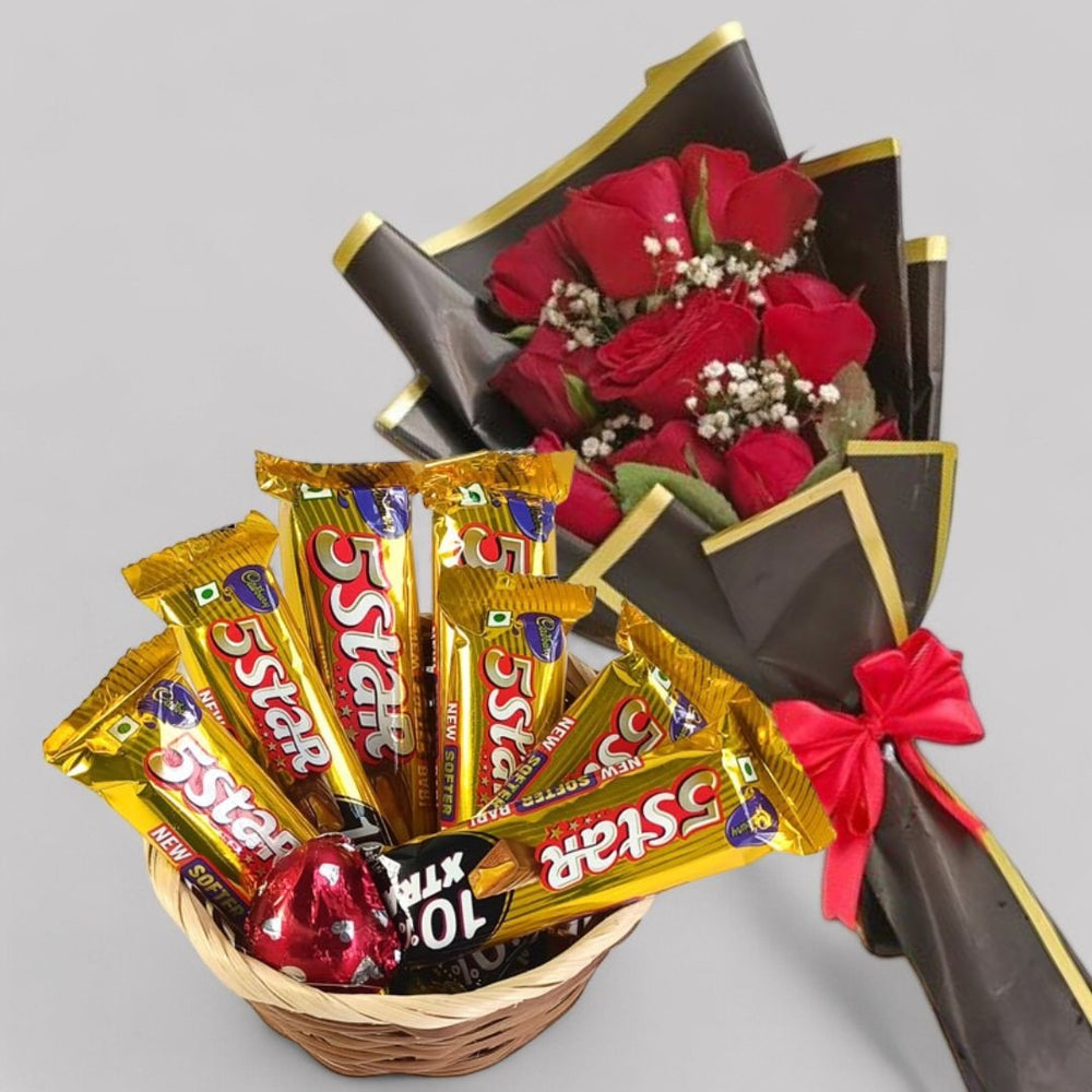 Chocolate Basket combo with Rose Bunch - Flowers to Nepal - FTN