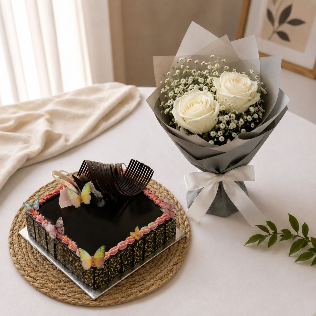 Chocolate Cake & White Roses Gift Set - Flowers to Nepal - FTN