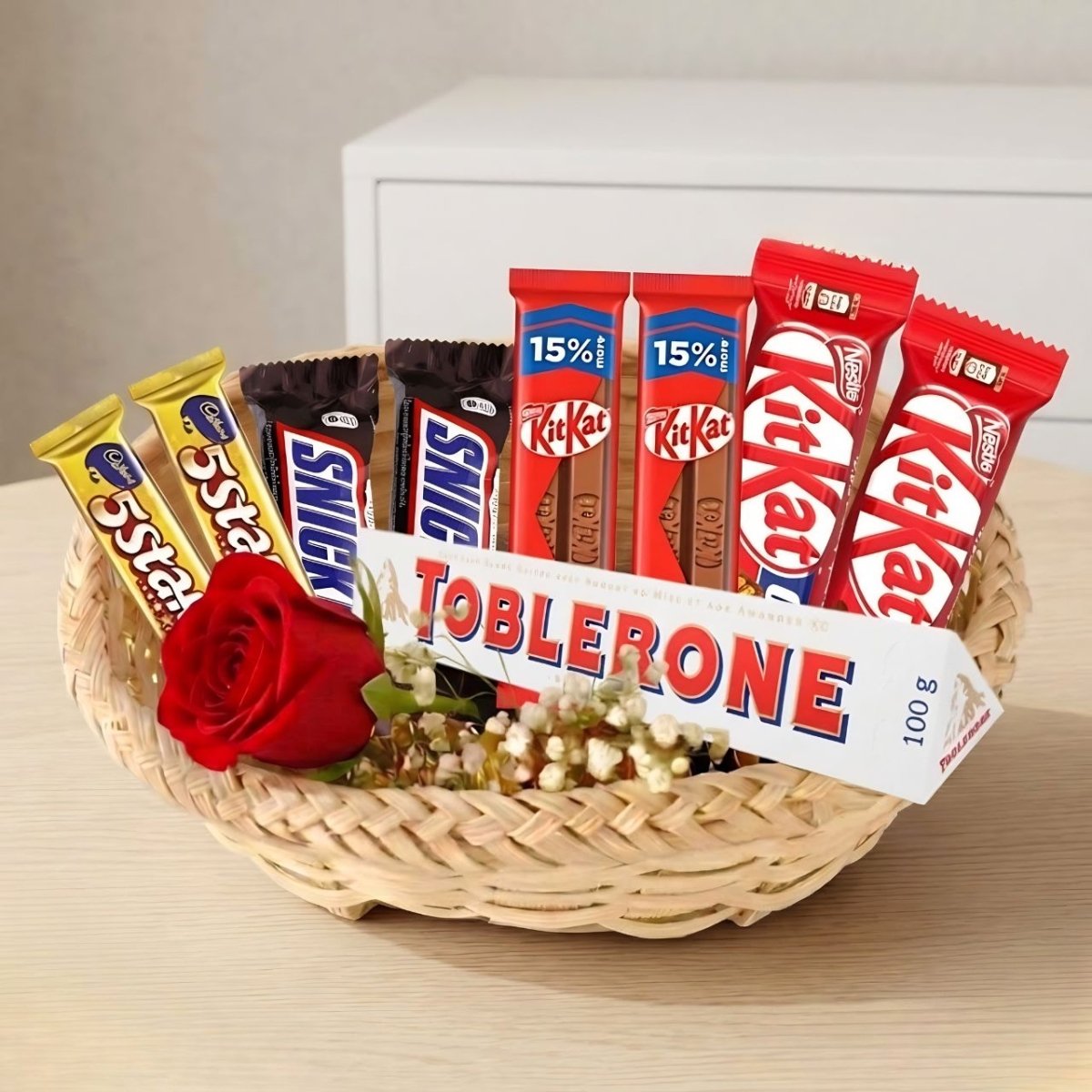 Chocolate Delight Basket with Single Rose - Flowers to Nepal - FTN