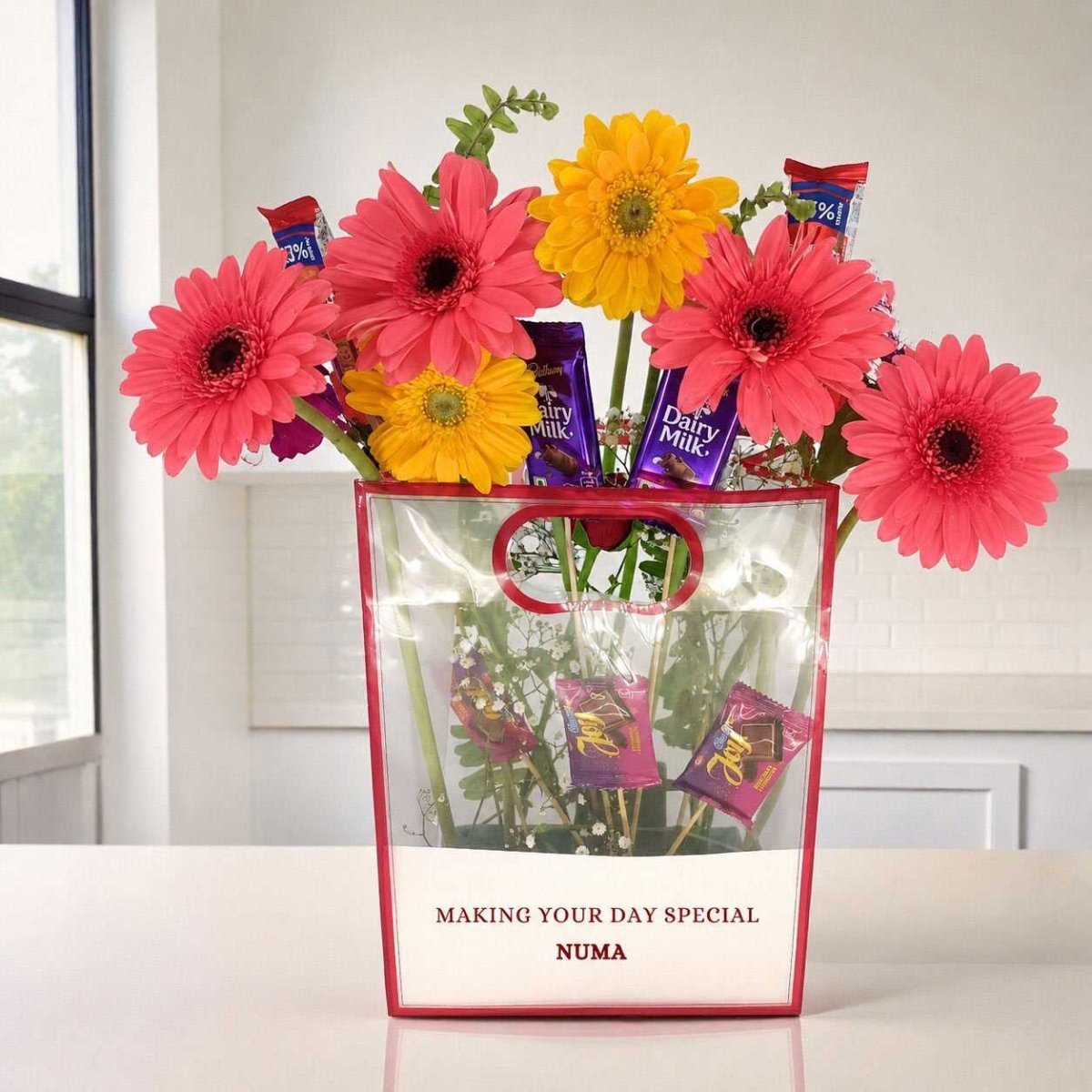 Chocolate & Gerbera Flower Gift Bag with Custom Name Card - Flowers to Nepal - FTN