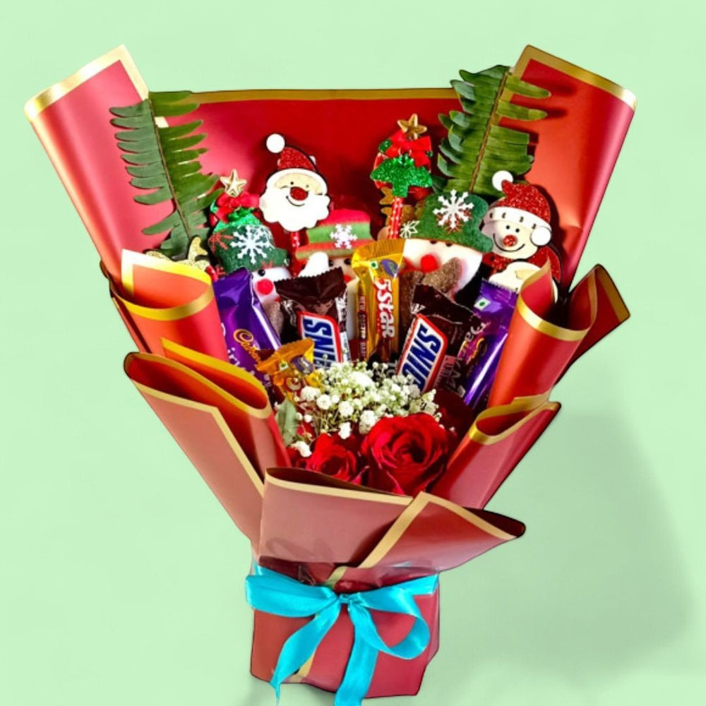 Christmas Chocolate, Pens & Roses Bouquet - Flowers to Nepal - FTN