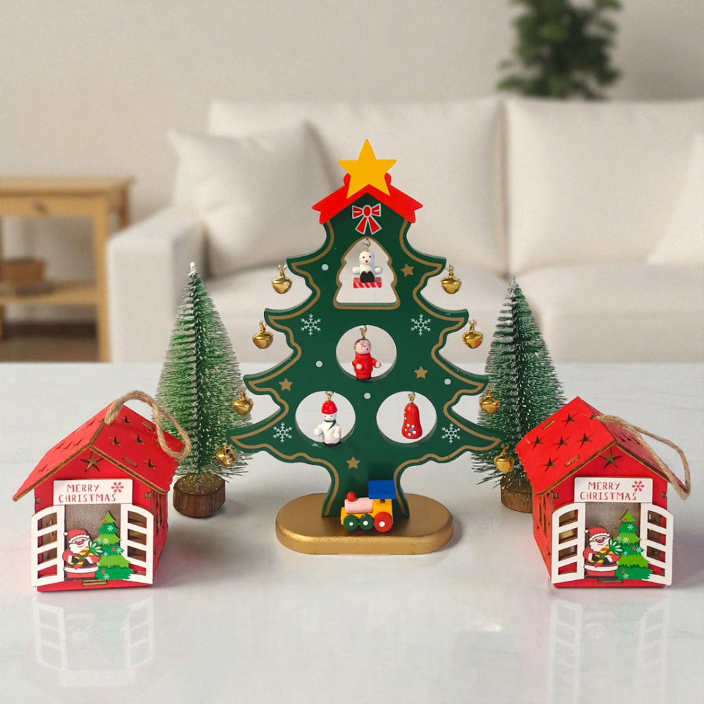 Christmas Decor Set with Pine Tree & Lighted House - Flowers to Nepal - FTN