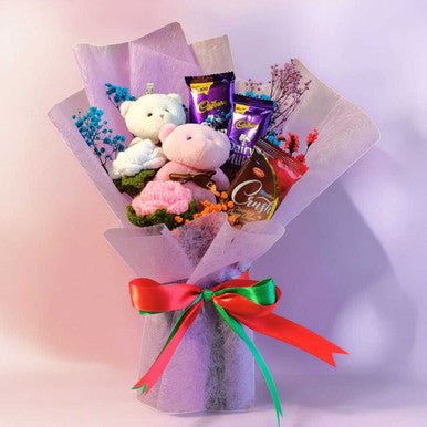 Christmas Tag, Mini Teddies, Chocolates & Crochet Floral Bouquet - Flowers to Nepal - FTN