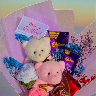 Christmas Tag, Mini Teddies, Chocolates & Crochet Floral Bouquet - Flowers to Nepal - FTN
