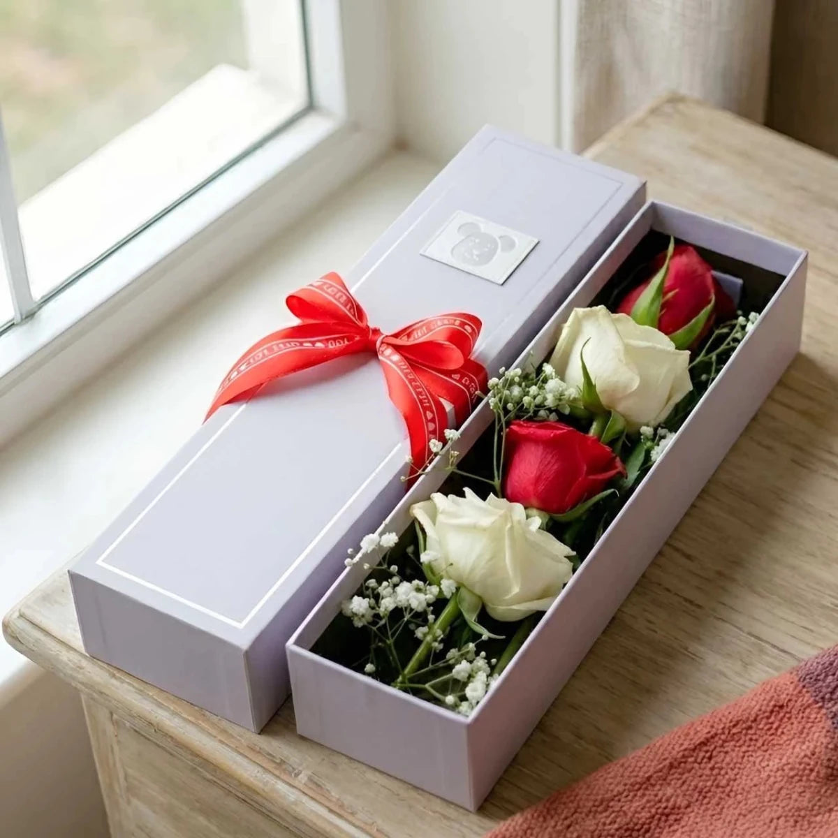 Classic Red & White Roses in Gift Box - Flowers to Nepal - FTN