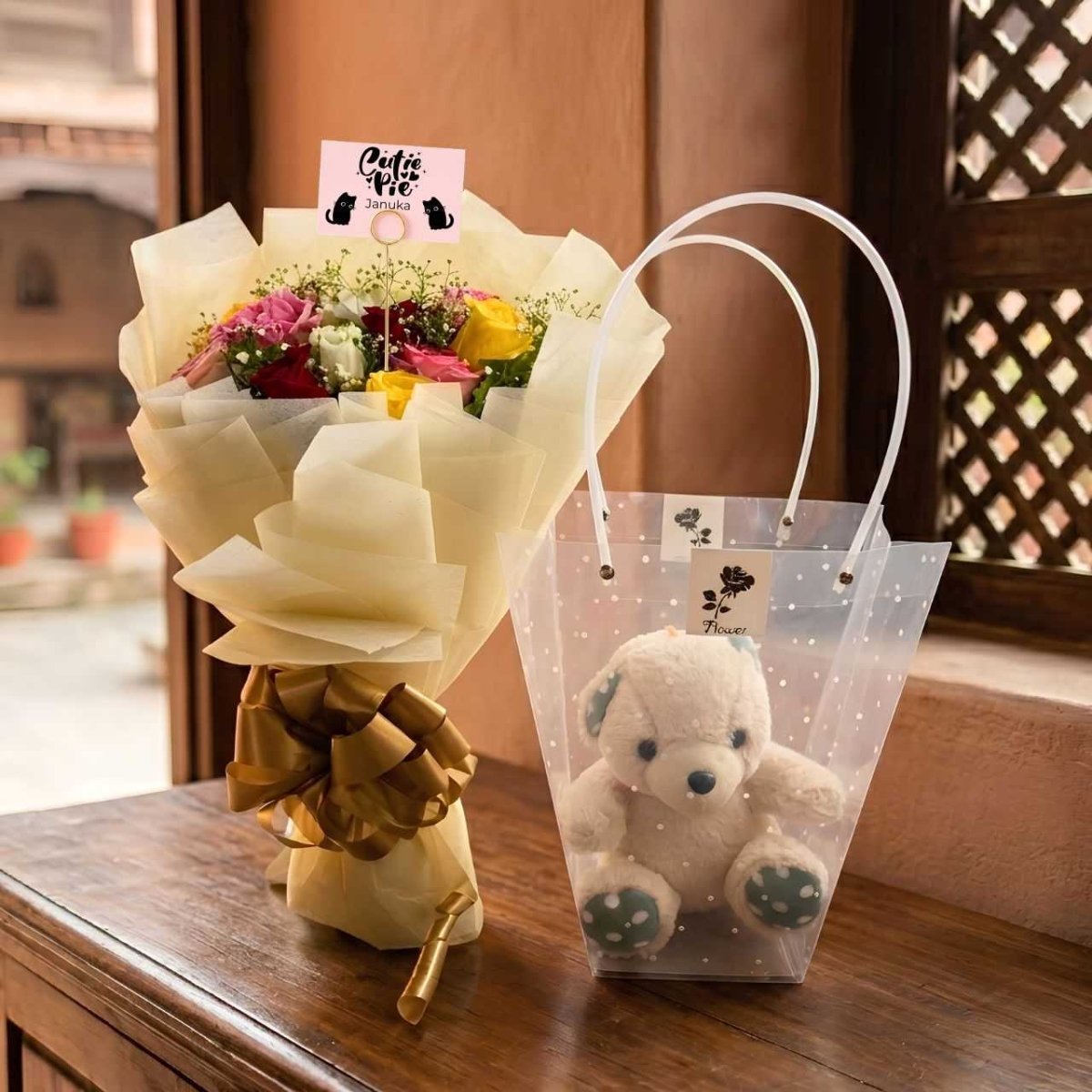 Colorful Roses and Cuddly Bear Hamper - Flowers to Nepal - FTN