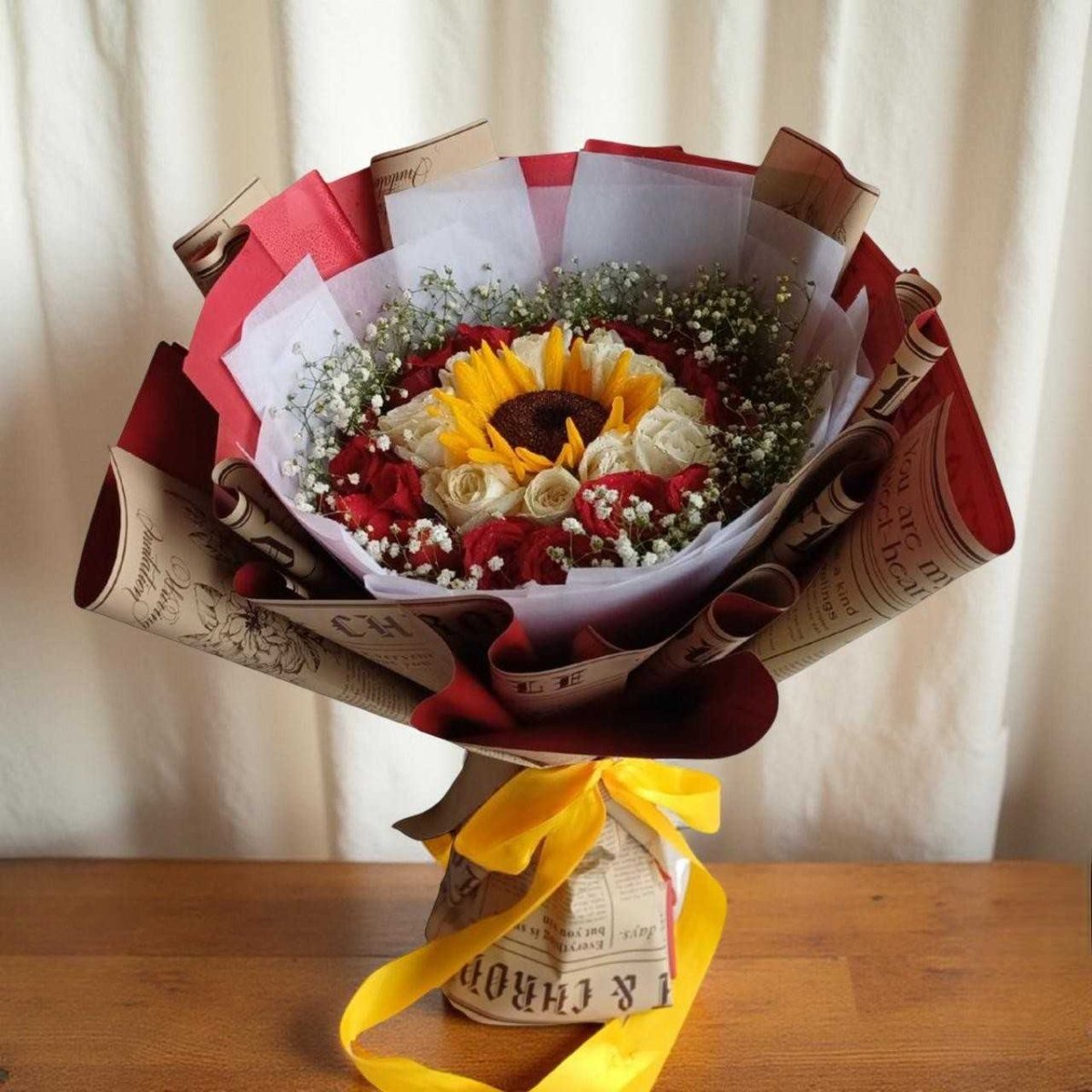 Colorful Sunflowers with White & Red Roses Bouquet - Flowers to Nepal - FTN