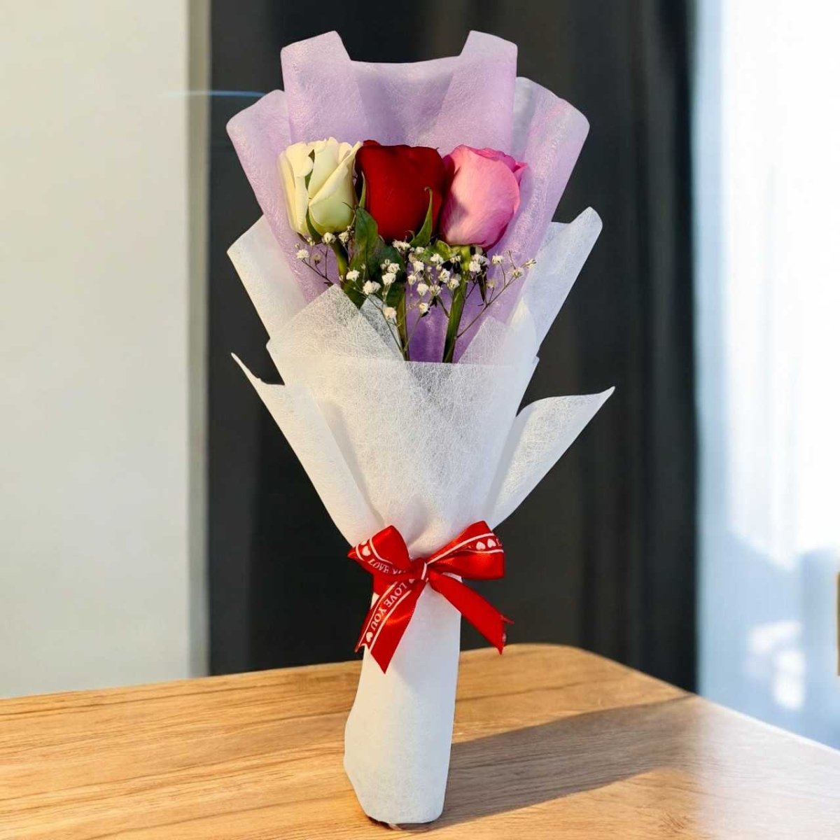 Colorful Triple Roses Gift Arrangement - Flowers to Nepal - FTN