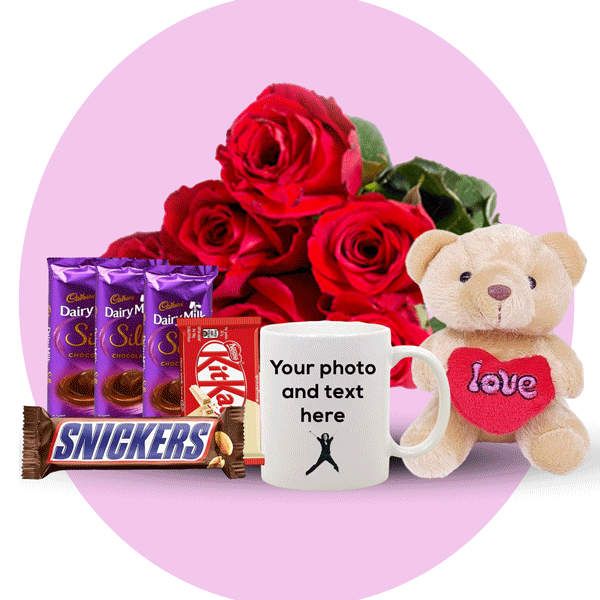 6 Bunch of Roses With Mug, Teddy and Sweet Treats Hamper