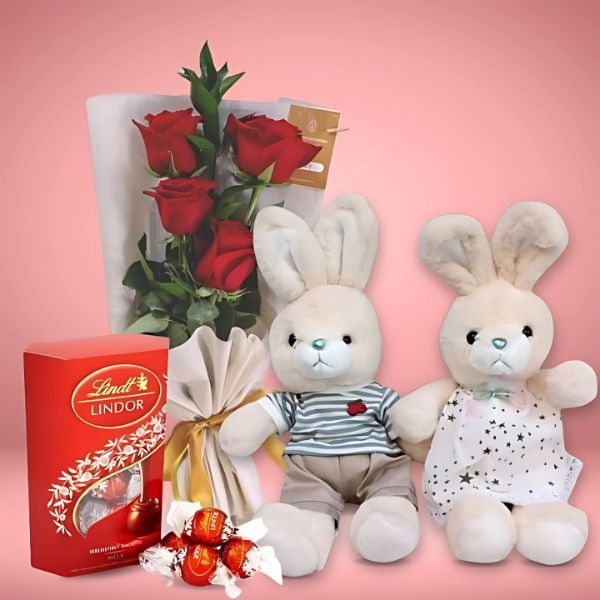 Couple Bunny with Lindor Chocolates & Rose Bunch - Flowers to Nepal - FTN