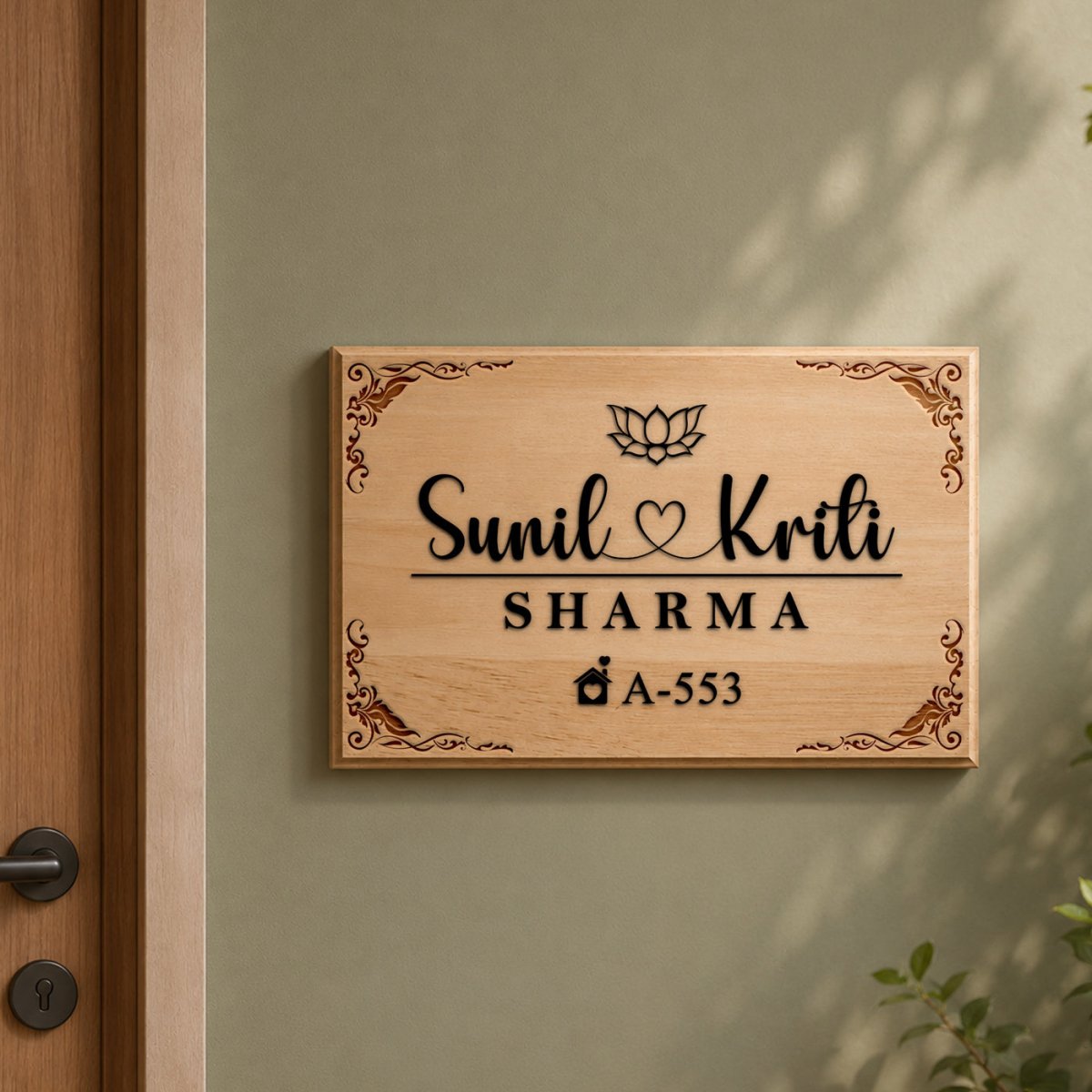 Couple Name Engraved Wooden Door Plate - Flowers to Nepal - FTN
