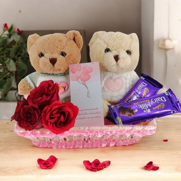 Couple Teddy Bear & Roses Basket - Flowers to Nepal - FTN