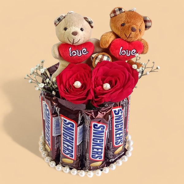 Couple Teddy with Snickers Tower - Flowers to Nepal - FTN