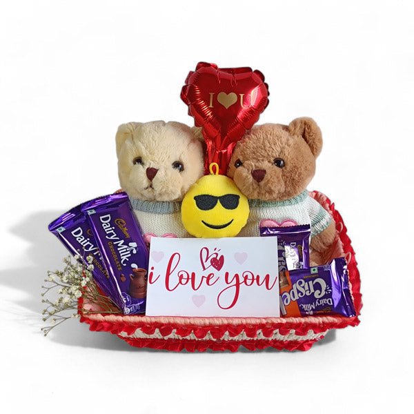 Couple Teddy with Sweet Treats & Heart Balloon Gift Basket - Flowers to Nepal - FTN