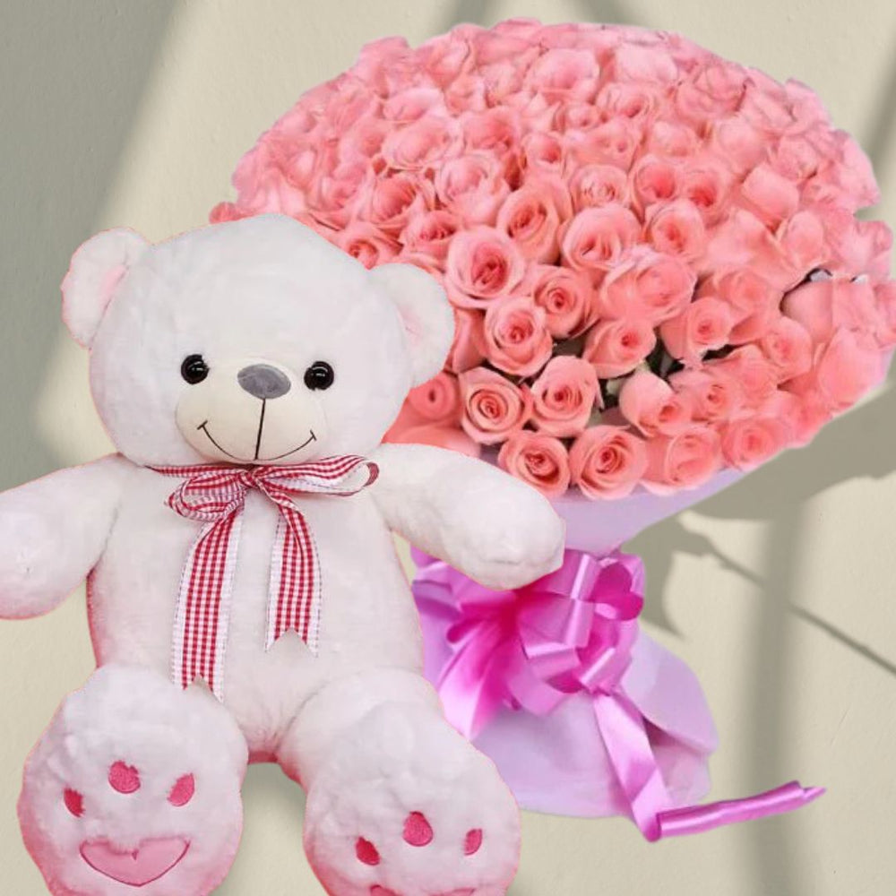 Cuddle Combo (100 pink roses bouquet + 23 inches teddy bear) - Flowers to Nepal - FTN