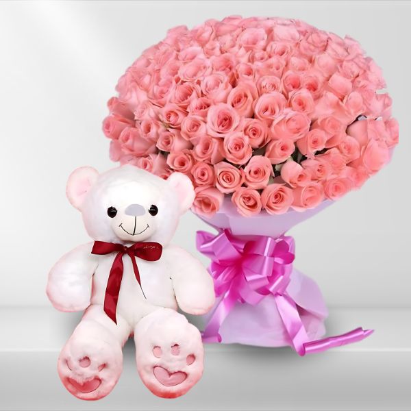 Cuddle Combo ( 100 pink roses bouquet + 23 inches teddy bear ) - Flowers to Nepal - FTN