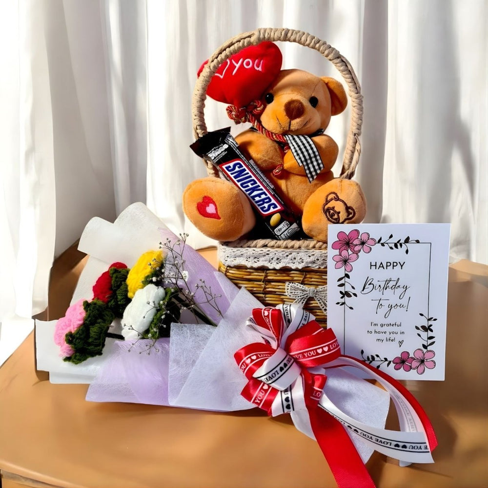 Cuddly Teddy, Crochet Bouquet, Chocolate & Birthday Card in Basket - Flowers to Nepal - FTN