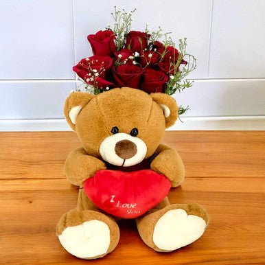 Cuddly Teddy & Fresh Red Rose Bouquet Combo - Flowers to Nepal - FTN