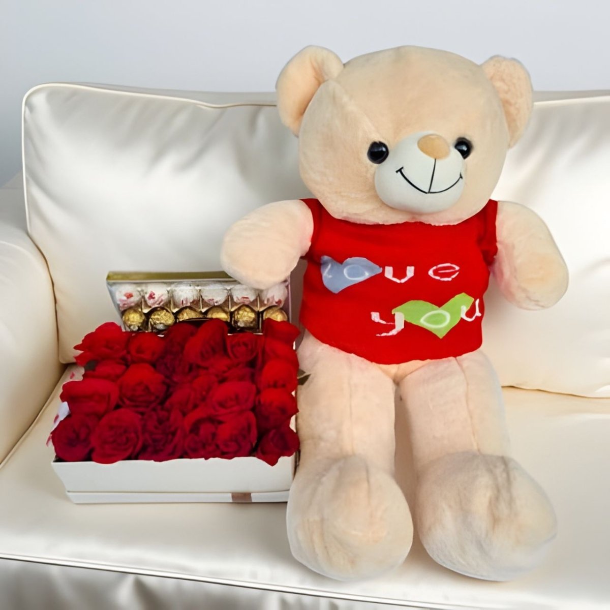 Cuddly Teddy, Romantic Roses & Ferrero Chocolates Gift Set - Flowers to Nepal - FTN