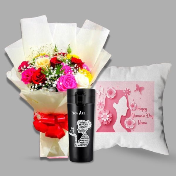 Cushion, Stainless Vacuum Mug with Mix Bouquet Combo - Flowers to Nepal - FTN