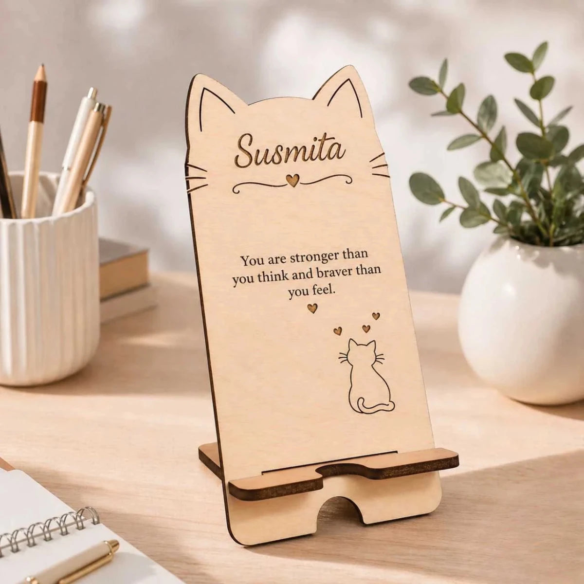 Custom Engraved Cat Design Mobile Stand - Flowers to Nepal - FTN