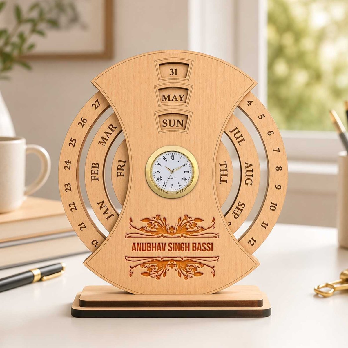 Custom Engraved Wooden Desk Clock Calendar - Flowers to Nepal - FTN