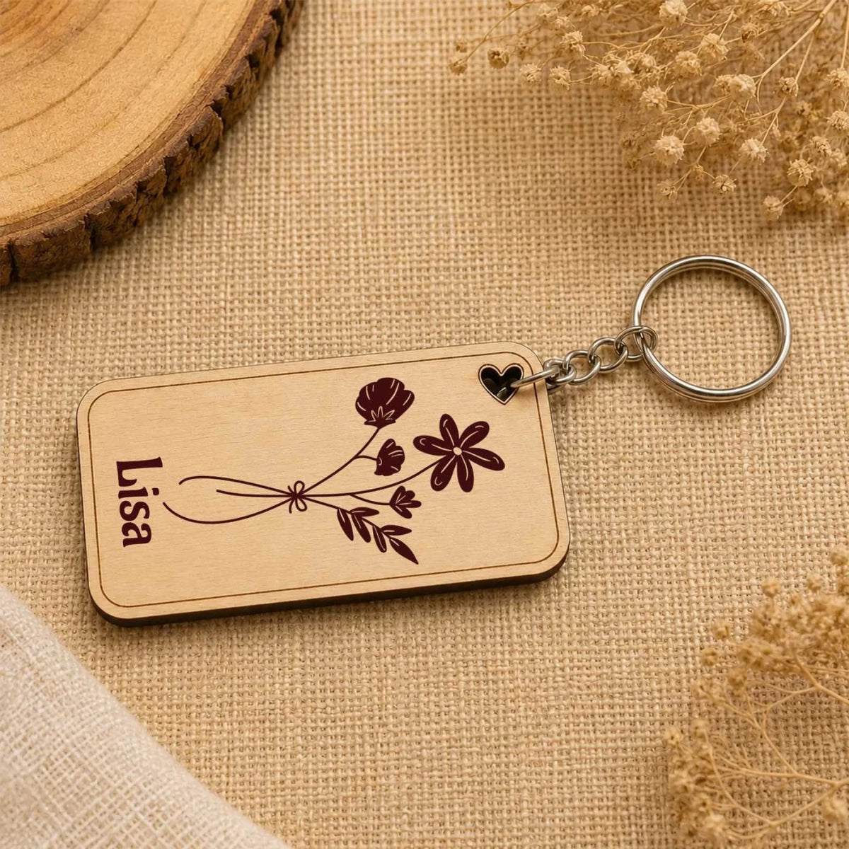Custom Floral Name Wooden Keyring - Flowers to Nepal - FTN