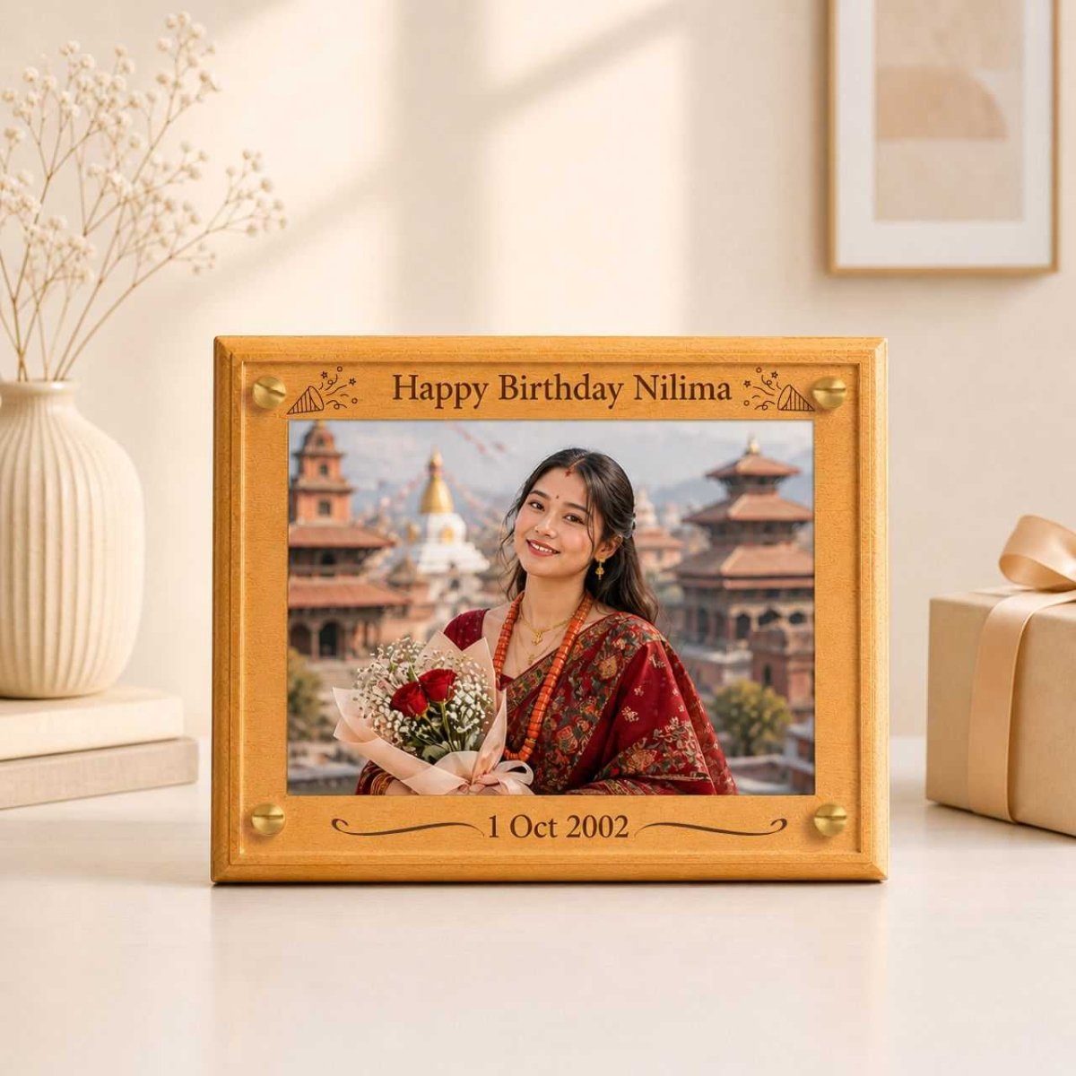 Custom Name & DOB Wooden Acrylic Frame - Flowers to Nepal - FTN
