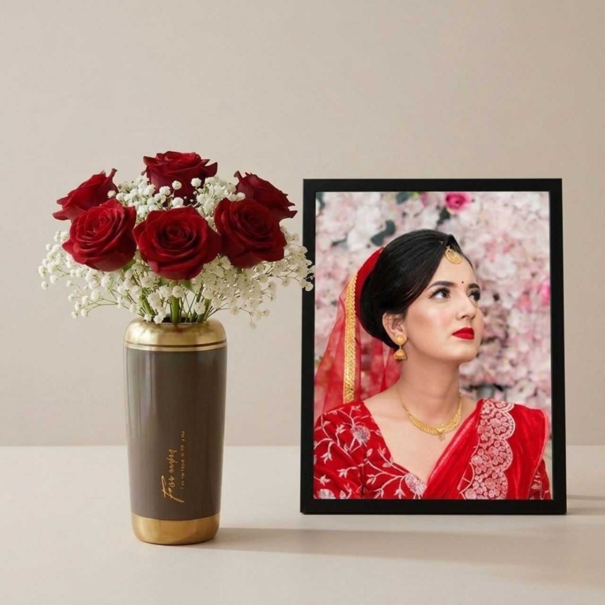 Custom Photo Frame with Rose Vase Arrangement - Flowers to Nepal - FTN