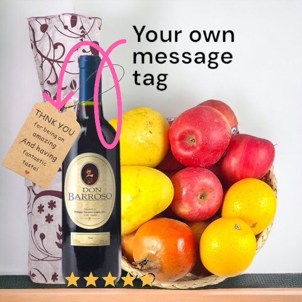 Custom Tagged Sweet Red Wine with a Basket of Assorted Fruits - Flowers to Nepal - FTN