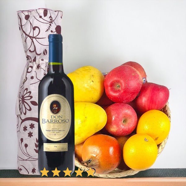 Custom Tagged Sweet Red Wine with a Basket of Assorted Fruits - Flowers to Nepal - FTN
