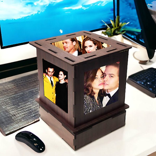 Customizable Wooden LED Lamp Rotating with 5 Photo Display - Flowers to Nepal - FTN