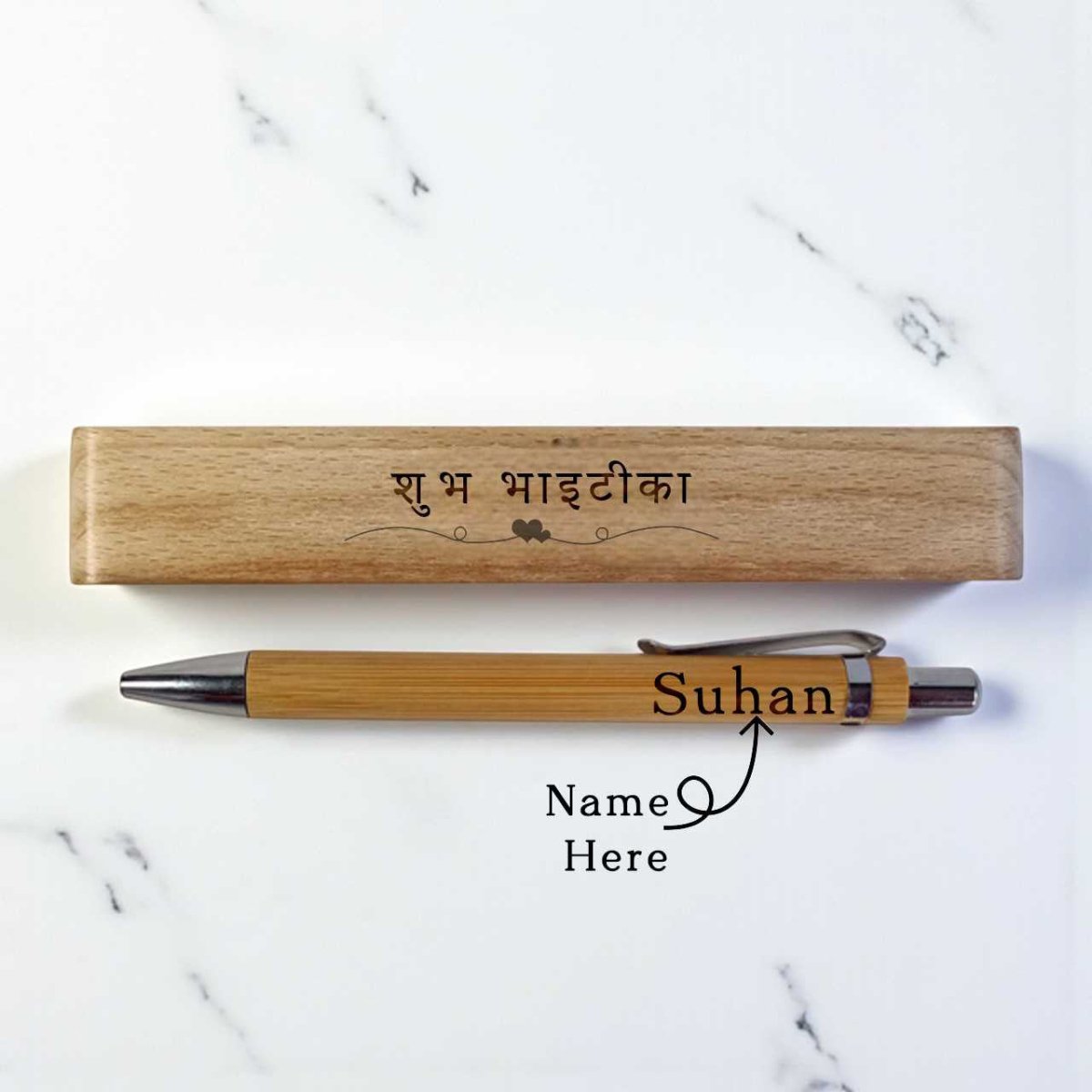 Customized Pen with शुभ भाइटीका Engraved Box - Flowers to Nepal - FTN