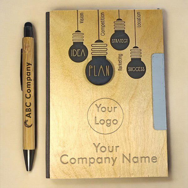 Customized Your Company Name and Logo in Wood Notebook & Pen Set - Flowers to Nepal - FTN