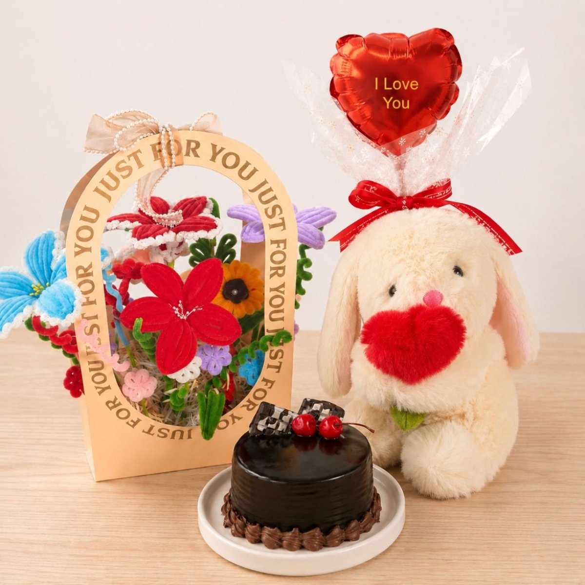 Cute Bunny, Cake & Fuzzy Flower Love Gift Bag - Flowers to Nepal - FTN