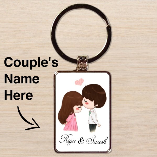 Cute Couple Themed with Custom Name Metal Keyring - Flowers to Nepal - FTN