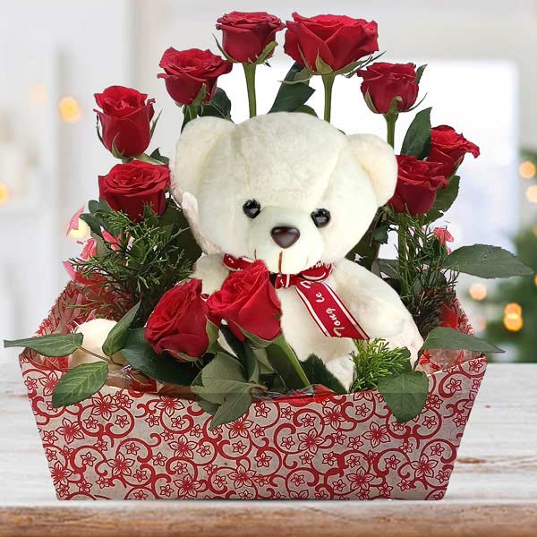 Cute Teddy bear With Red Roses & Green Fillers - Flowers to Nepal - FTN