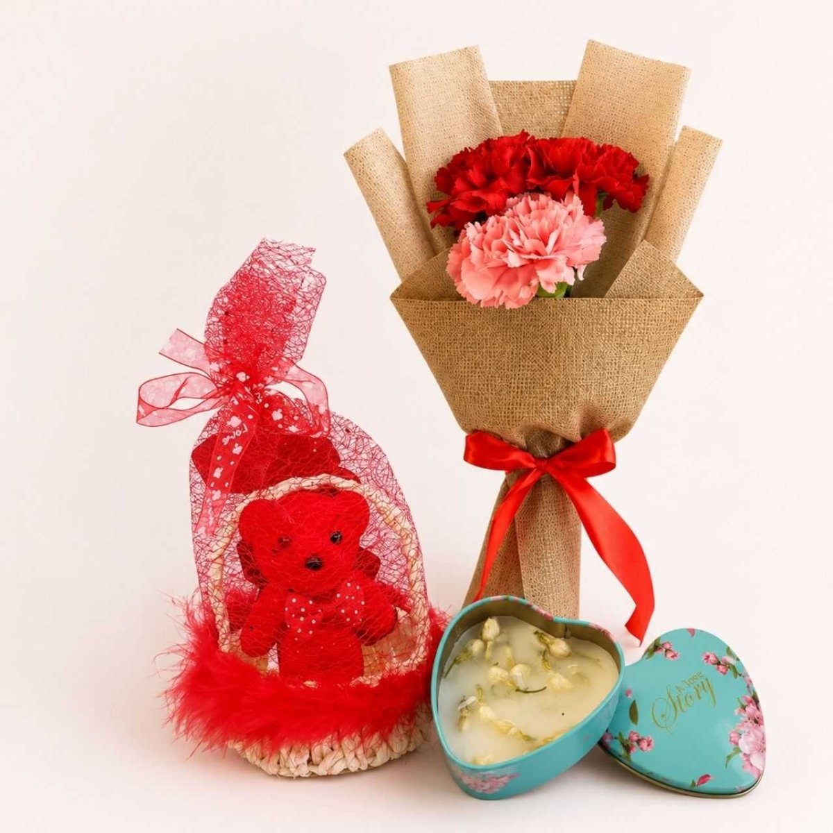 Cute Teddy, Carnation & Candle Surprise Gift - Flowers to Nepal - FTN