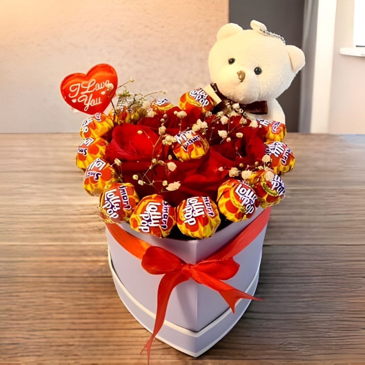 Cute Teddy Charm, Roses & Lolli Pop Gift Box - Flowers to Nepal - FTN