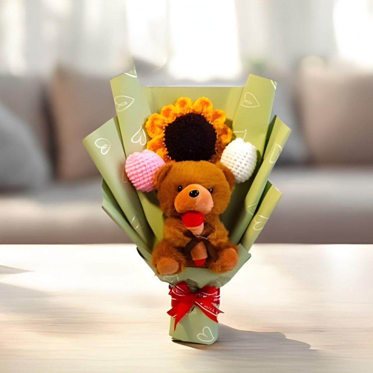 Cute Teddy Keychain & Crochet Flowers Bouquet - Flowers to Nepal - FTN