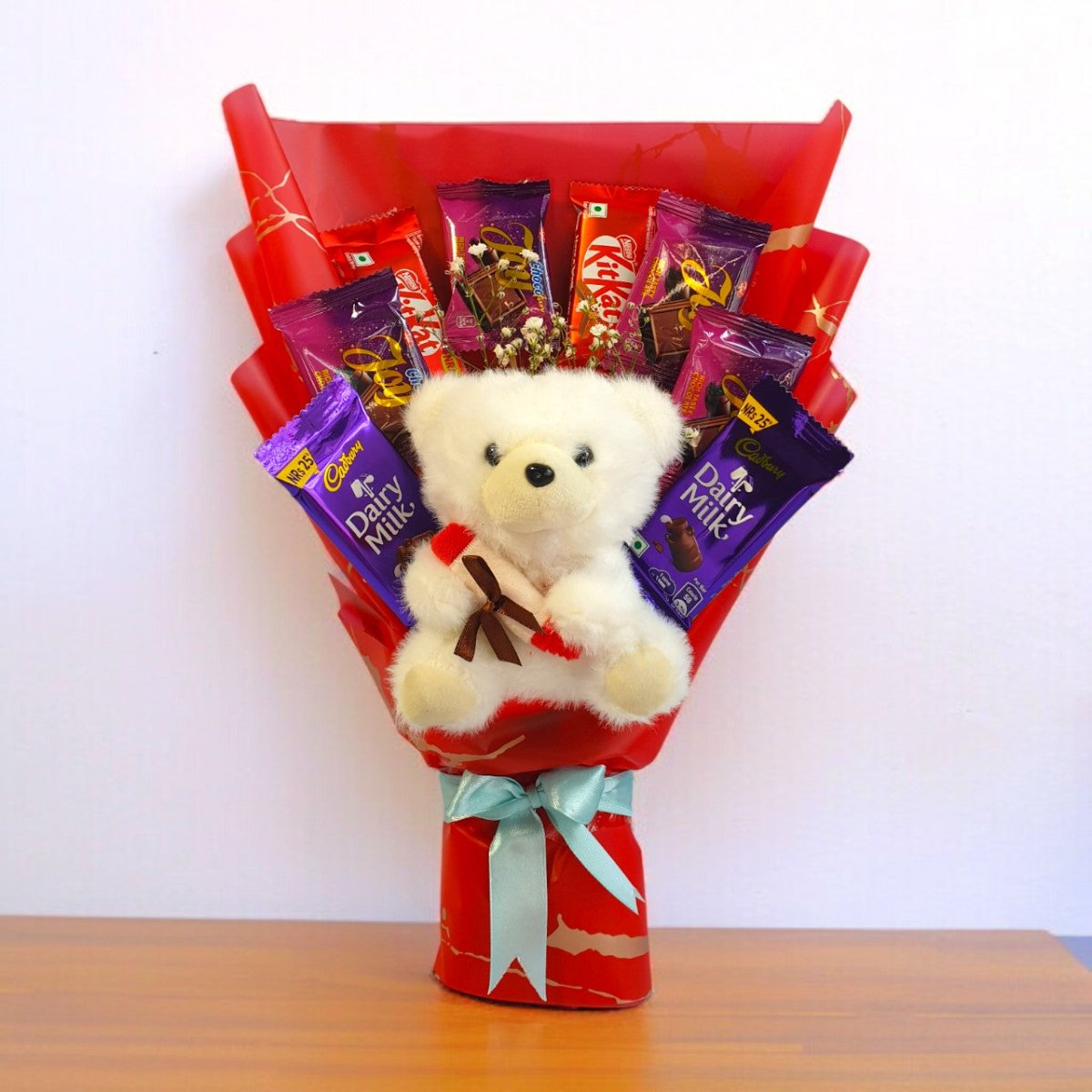 Cute Teddy Keychain & Delight Chocolates Bouquet - Flowers to Nepal - FTN