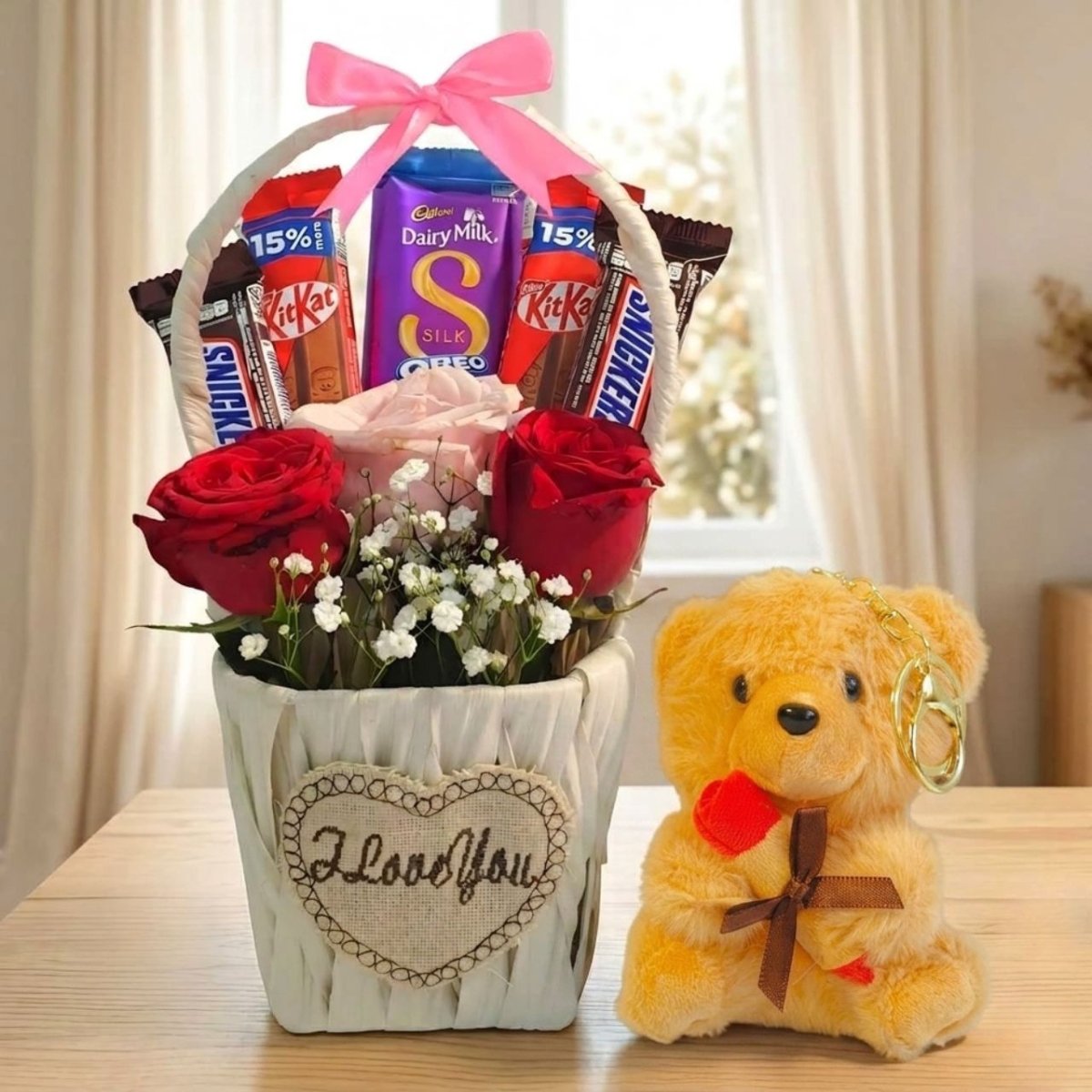 Cute Teddy Rose Chocolate Surprise Basket - Flowers to Nepal - FTN