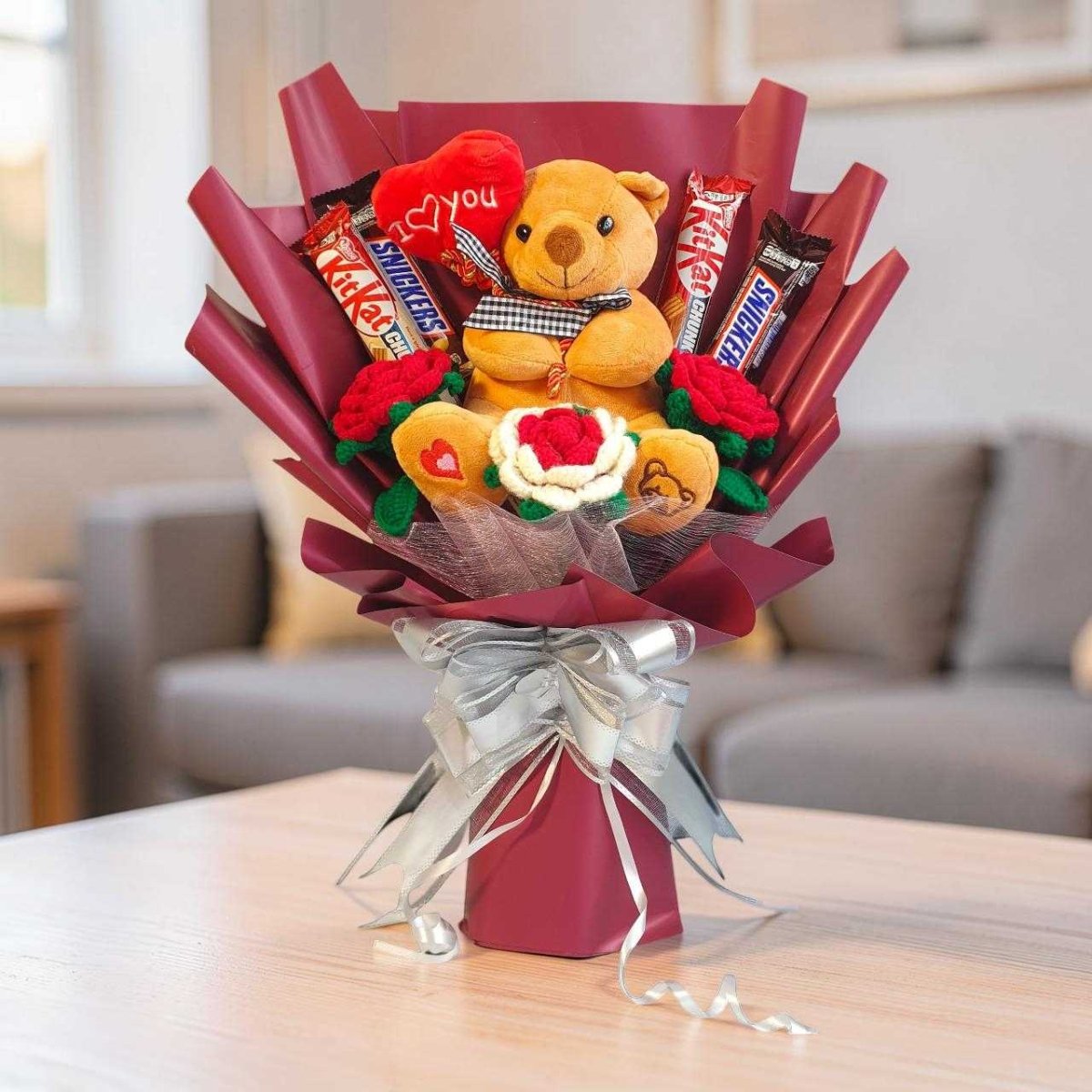 Cute Teddy with Chocolates & Crochet Roses Bouquet - Flowers to Nepal - FTN