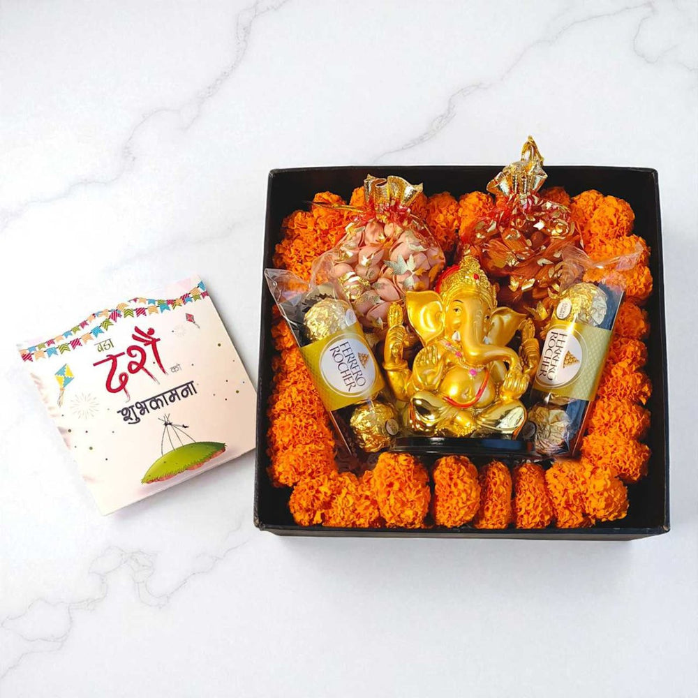 Dashain Blessings Box with Ganesh Statue and Sayapatri Garland - Flowers to Nepal - FTN