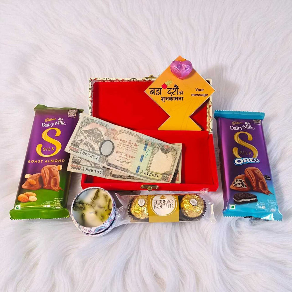 Dashain Celebration Combo: Cash Sagun, Candle & Snacks - Flowers to Nepal - FTN