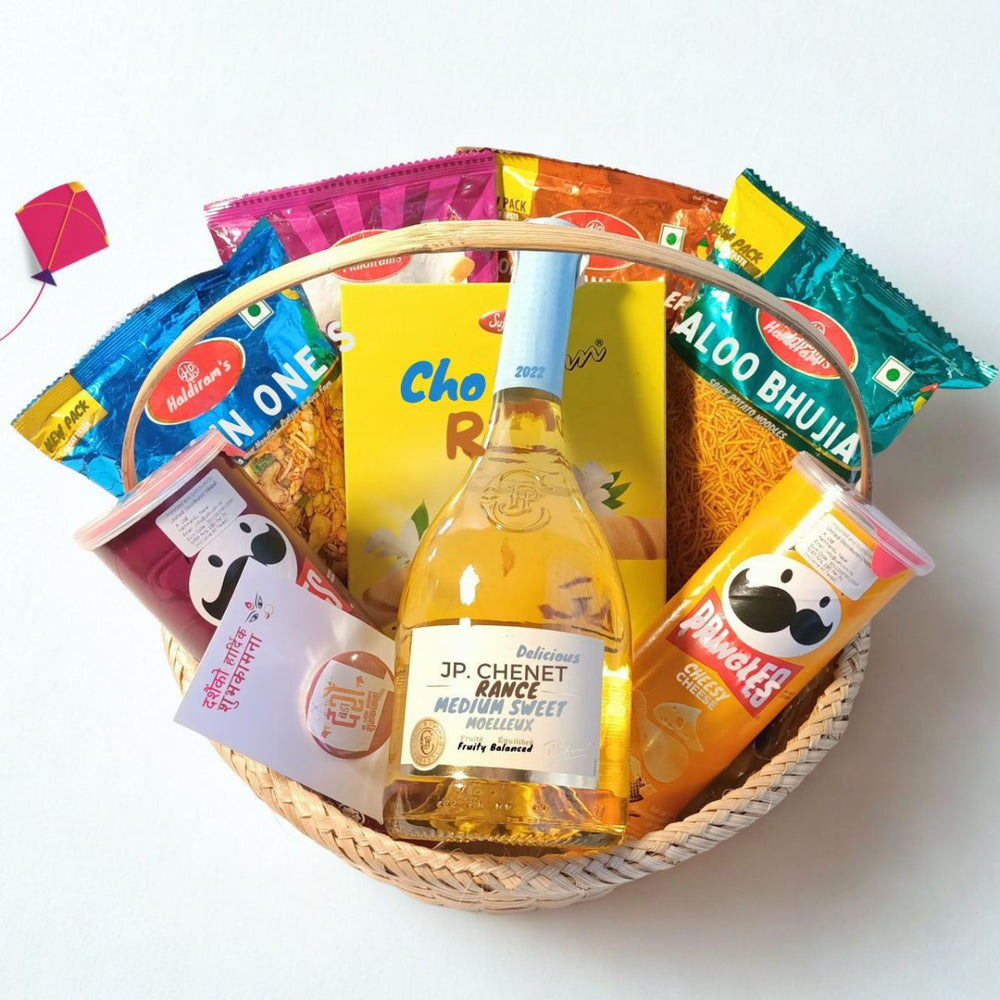 Dashain Festive Gift Basket with White Wine 750ml & Snacks - Flowers to Nepal - FTN