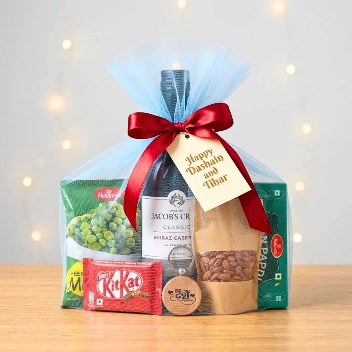 Dashain & Tihar Almond, Wine & Snacks Gift Pouch - Flowers to Nepal - FTN